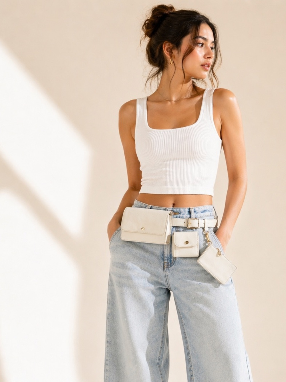 Mali + Lili Minimalist Belt Bag 3pc Vegan Leather Set Cream NWT